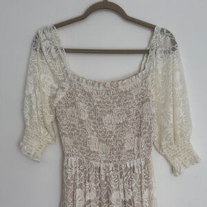 Baltic Born Cream Lace Smocked Midi Dress with Beige Underlayer